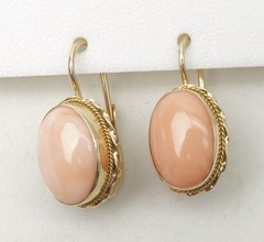 Italian Soft Pink Angel Skin Coral 14k Yellow Gold Bezel Drop Earrings