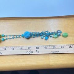 Vintage Y2K Blue & Green Beaded Tassel Necklace Boho Chic Long Lariat Style