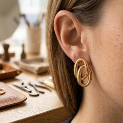 Gold Tone Double Hoop Drop Earrings Interlocking Link Pierced Jewelry