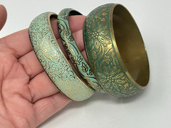 Boho Vintage Style Teal Green Embossed Brass Bangle Bracelet Mixed Set (3) Stack