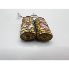Vintage Cloisonne Style Floral Barrel Dangle Earrings Gold Tone Boho Chic