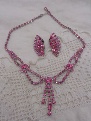Vintage Pink Rhinestone Necklace & Clip Earrings Set