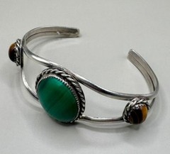 Vintage Sterling Silver Malachite Tiger Eye Open Cuff Bracelet Southwest 24.7g
