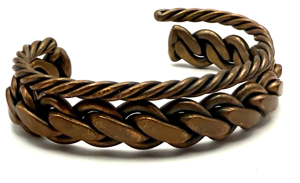 Vintage Braided Copper Bracelet Cuffs Set of 2 Stackable Adjustable