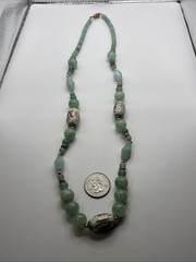 Vintage Chinese Hand-Painted Porcelain and Green Jade Beaded 34”Necklace