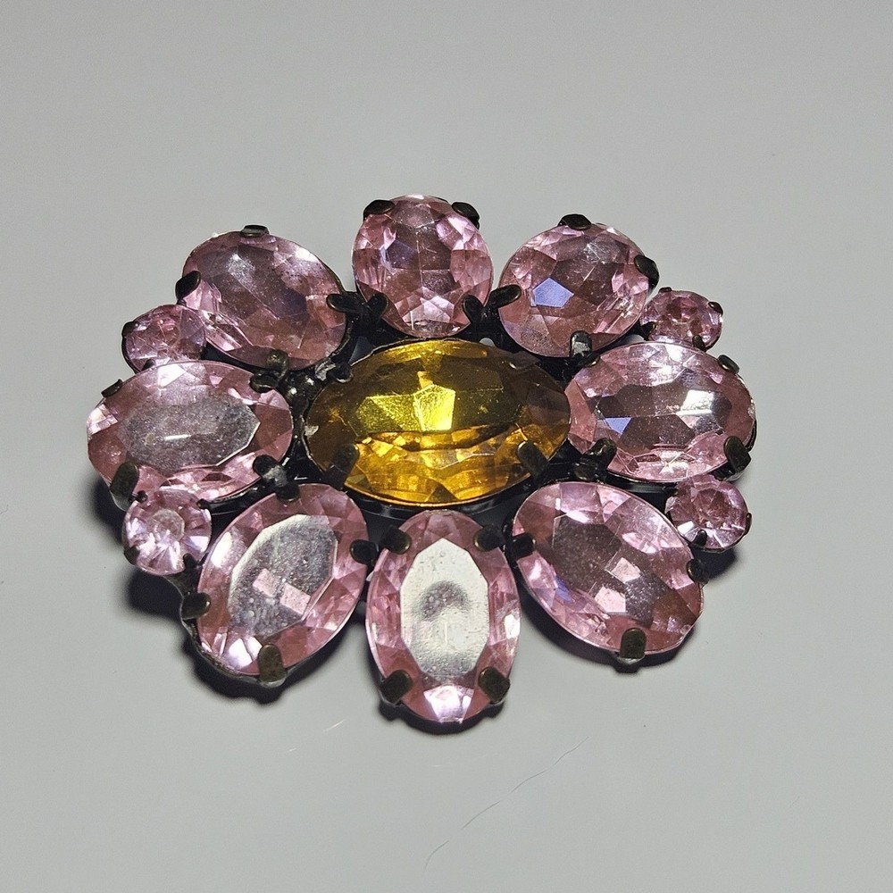 Gold Tone Pink And Yellow Flower Rhinestone Brooch