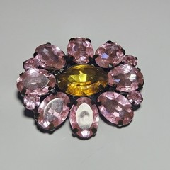 Gold Tone Pink And Yellow Flower Rhinestone Brooch