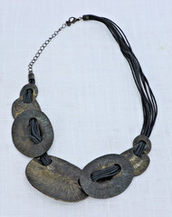Boho Hammered Brass Tone Statement Necklace Multi Strand Cord Tribal Artisan