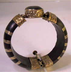 2 vintage India clamper bangle horn bone brass stone gem bracelets