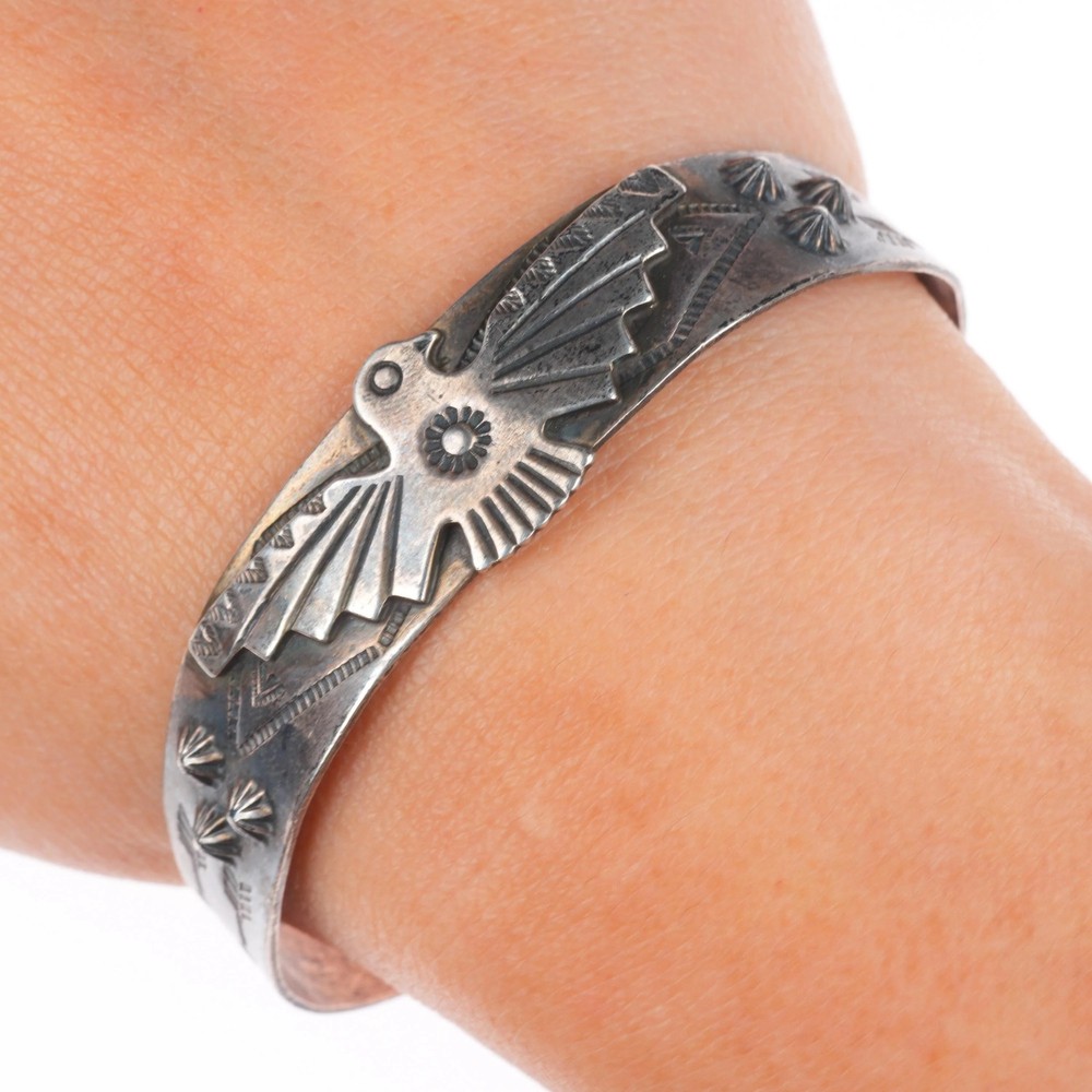 6.3″ Vintage Fred Harvey era Thunderbird sterling silver cuff bracelet