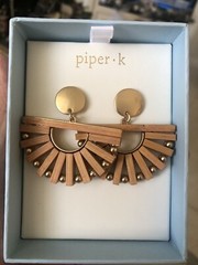 NEW Piper – K Wood wooden Fanned goldtone bead fan earrings Boho