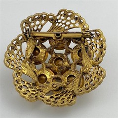 Vintage 1950’s Watermelon Rivoli Rhinestone Gold Tone Large Brooch Pin
