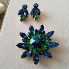 Vintage Blue Rivoli and Dark Green Marquise Brooch and Earrings Goldtone Set