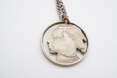 Vintage Necklace Silver Tone Carved Buffalo Nickel 24″