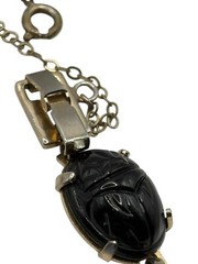 Vintage Egyptian Revival Carved Glass Scarab Bracelet Safety Chain READ
