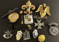 16-Vintage Brooch Pins Academic Marksman Crests Ski Award G&R Ski Tie Tac Eagle