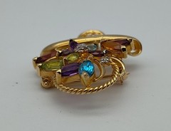 Vintage Colorful Stones Flower Basket 14K Yellow Gold Brooch Pin