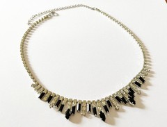 1950s Vintage Crystal & Jet Black Rhinestones Necklace & Dangling Clip Earrings