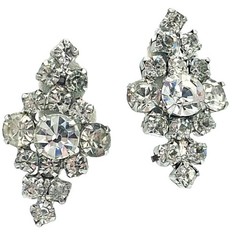 Vtg 1950 Midcentury Prong Set Rhinestone Cluster Climber Clip Earrings 1.5″