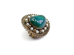 Rare Vtg Handmade Israel Sterling Silver Pearls Green Chrysocolla Brooch Pendant