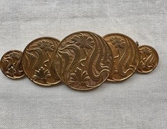 Vintage Art Nouveau Brass Brooch Floral Medallions Trombone Clasp 1910s 16g