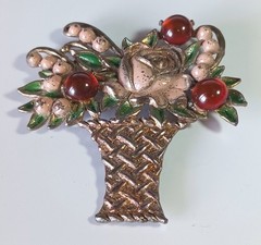 Vintage Gold-tone Flower Basket Brooch w Pink-Peach & Green Enamel, Orange Cabs