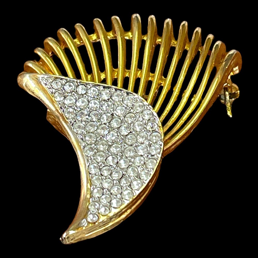 Vintage Pave Crystals Rhinestones Gold Tone Wing Brooch Pin Modernist
