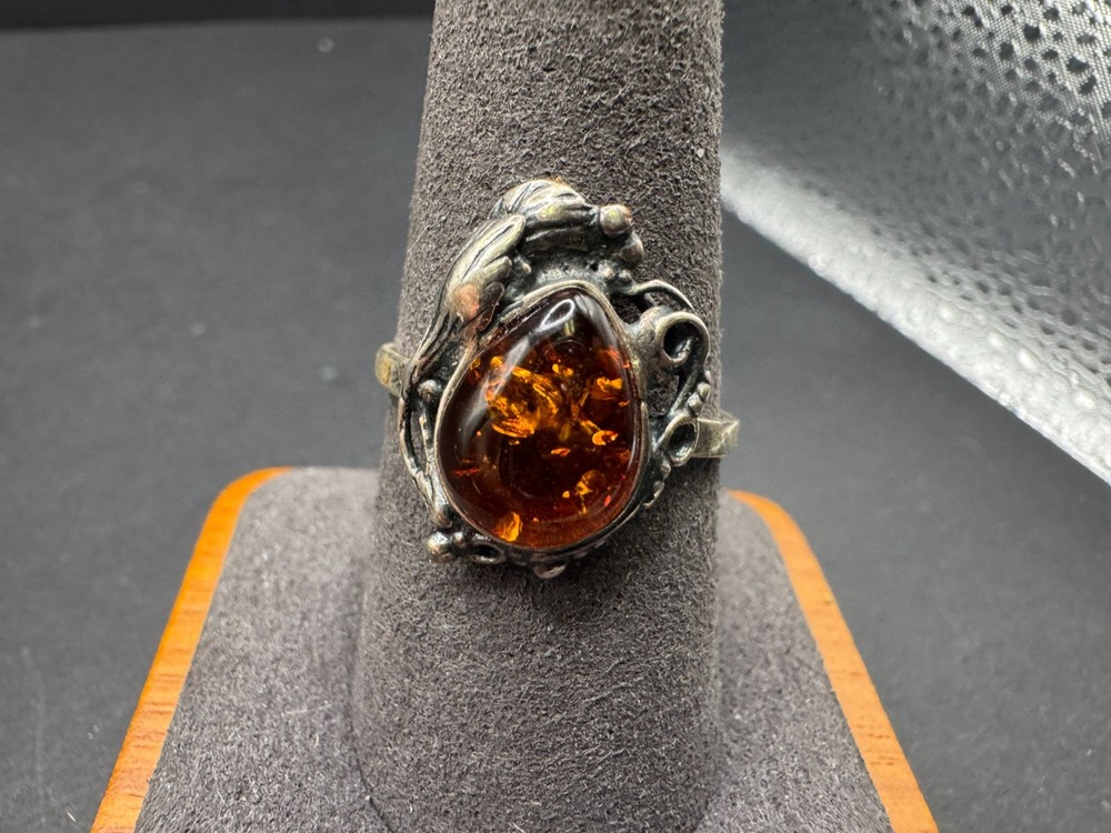 Vintage Baltic Amber Sterling Silver 925 Ring Teardrop Cabochon Ornate Sz 9.75