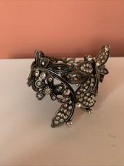 Vintage Blackened Silver Toned Butterfly Rhinestone Hinged Cuff Bracelet