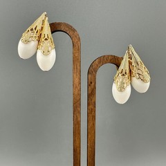 Vintage Napier Earrings Gold Tone Filigree Cap White Bead Tall Climber 1950s