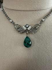 Vintage Schoffel 16″ Rhinestone & Faux Cabochon Emerald Green Necklace 1930s