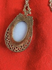 Vtg Blue White Cameo Lady Portrait Pendant Necklace Silver Tone Filigree 18”