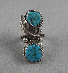 Vintage Navajo 2 stone turquoise sterling silver feather ring size 6-3/4 8.0 grm