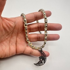 Vintage Y2K Silver Tone Crescent Moon Pendant Beaded Natural Fiber Cord Jewelry