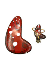 MATISSE 1950’s Vintage Red White Enamel Copper Earring & Brooch Parts Lot Of 2