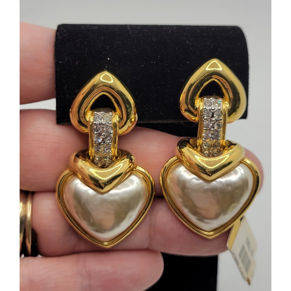Vintage NOS Vogue Bijoux Heart Clip On Earrings Faux Pearl Crystal Estate Italy