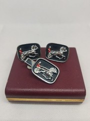 Retro Swank Cufflinks & Tie Bar Set Silvertone W/Enamel Jockey Harness Racing