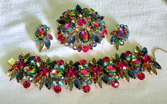 Juliana Rhinestone BRACELET BROOCH EARRING SET Book Pcs Watermelon Vitrail Rare