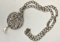 VTG Silver Tone Large Medallion Necklace Faux Pearl Teardrop Accent Avon 1974