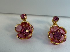 Vintage Pink Floral Rhinestone Clip Dangle Earrings Gold Tone Filigree Glamour