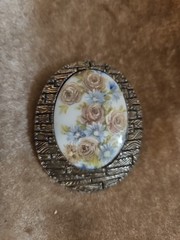 Vintage Estate Porcelain Flower Dilver Framed Portrait Pin 2.25 Inches!!