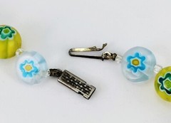34″ Bright Yellow Blue & White Millefiori Art Glass Bead Necklace