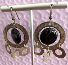 925 Sterling Silver Vintage Black Onyx Hammered Circles Dangle Earrings 2.25 in