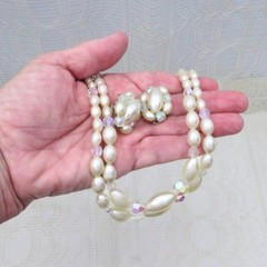 Vintage Necklace and Earring Set Women Faux Pearl and Crystal Glamorous Evening