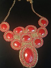 Vintage ZAD Necklace Bold Red Beads Gold Tone Boho Adjustable Signed 11-12 in