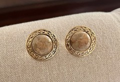 Ocean Jasper Vintage Beaded Beige Marbled Stone Necklace Pierced Earrings Set
