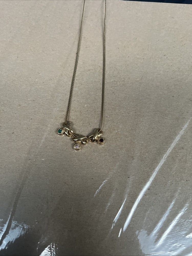 Vintage Avon Birthstone Love Charm Necklace. Green , White And Red . Gold Tone