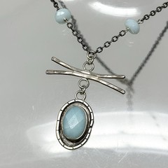 Vintage J+I Artisan Sterling Silver 925 Oval Bezel Aquamarine Pendant Necklace