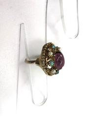 Vintage Cocktail Ring Adjustable Purple oval cabochon rhinestone Faux Pearl Mod