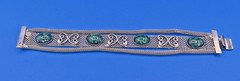 Vintage Silver Tone Filigree Mesh Bracelet Green Cabochon Stones Ornate Design
